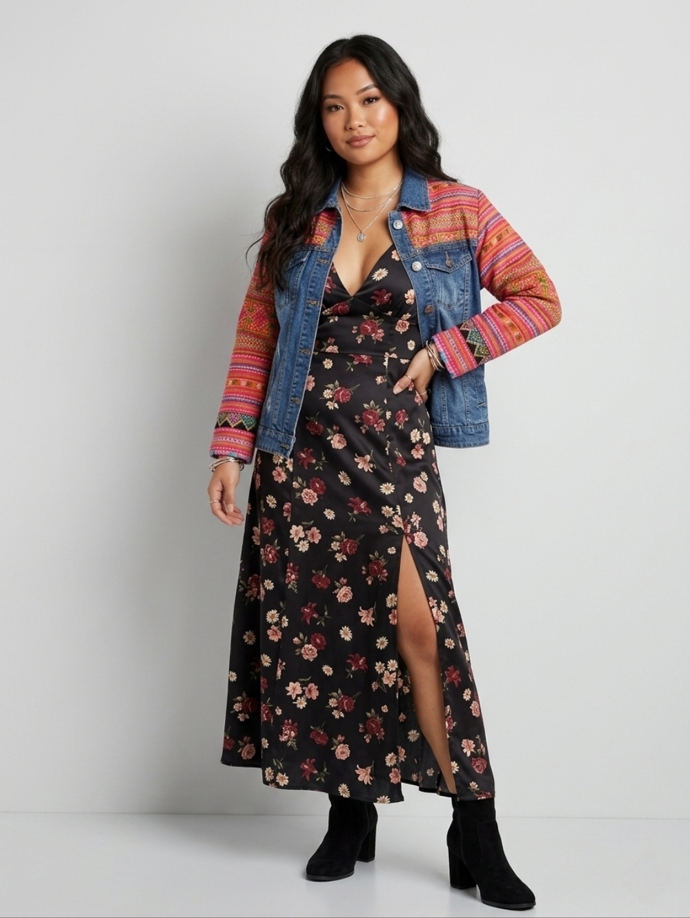 Women’s Blue Denim Jeans with Pink Patterned Side Panels -Hmong